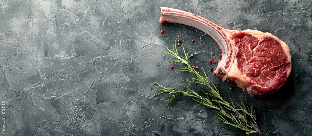 Fototapete A raw veal Tomahawk steak displayed on a butcher's table with a gray background in a top-view photograph featuring ample copy space.