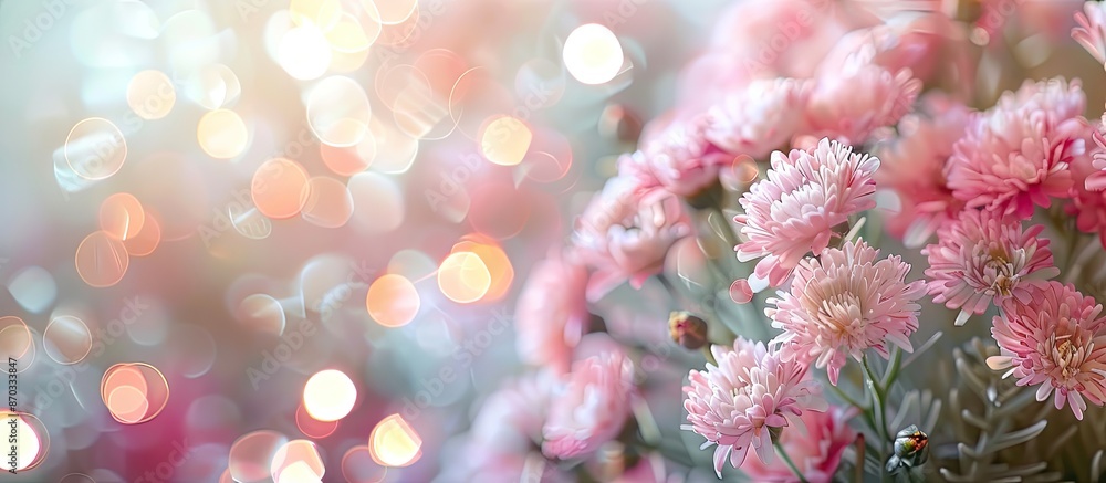 Poster selective focus on some blossom artificial plastic flowers with background bokeh nature. blurred bea