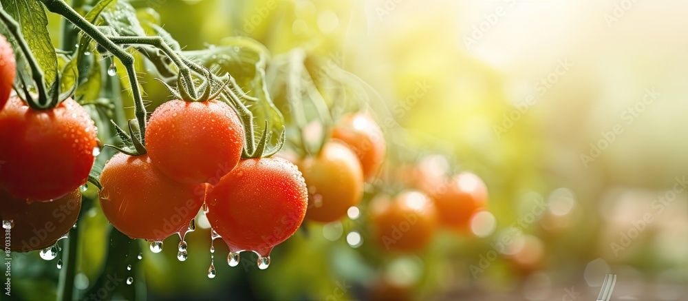 Leinwandbilder selective focus on spraying tomatoes in the garden, creating a natural scene with copy space image.