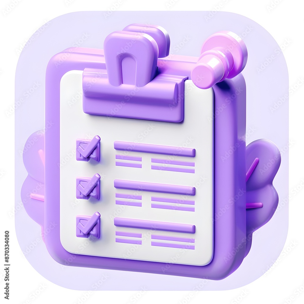 Poster floating 3d checklist document icon with minimalistic design and soft colors
