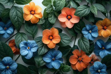 A vibrant image showcasing a variety of colorful flowers, including blue, orange, and peach, arranged on a white background with lush green leaves