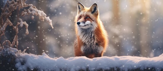 Fototapeta premium A fox standing elegantly in the snow, creating a picturesque image with vast copy space around.