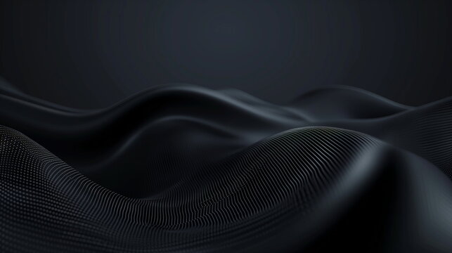 3D render of an abstract background with black waves, wavy lines, and texture for design. Black gradient on dark grey. Soft, blurred, vegetable-like hills or landscape. Vector illustration