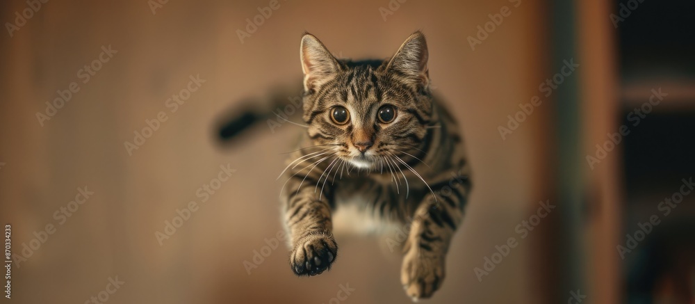 Poster funny cat flying. photo of a playful tabby cat jumping mid-air looking at camera. background with copy space. Copy space image. Place for adding text or design