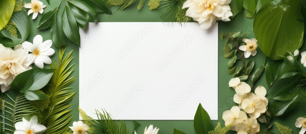 Poster creative flat lay with a paper card mockup surrounded by green leaves and flowers, representing a na