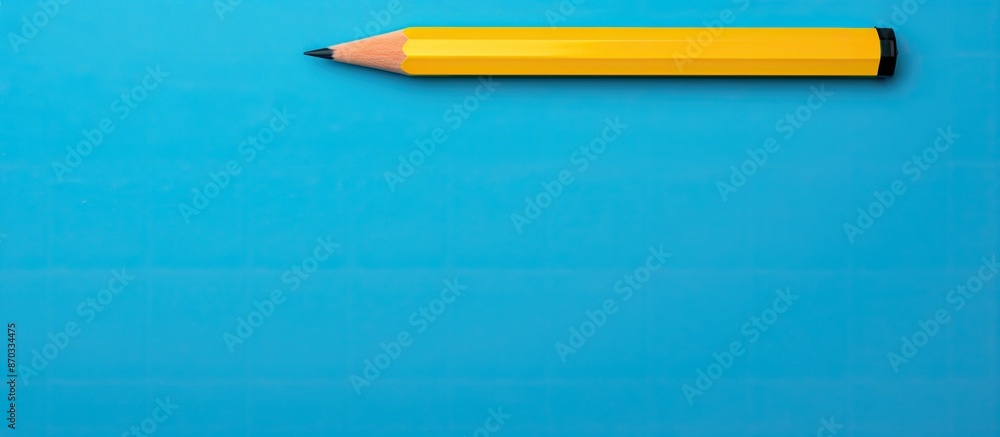 Poster Yellow pencil with a question mark on a blue paper background with copy space image.
