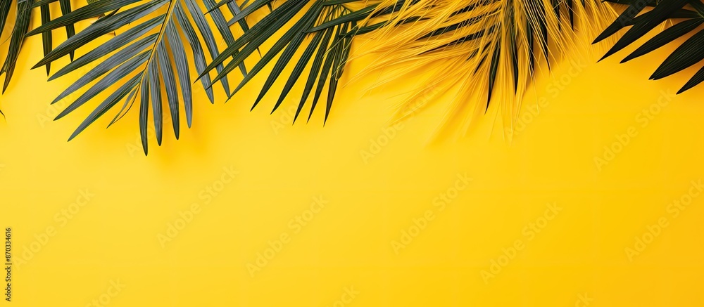 Aufkleber top view of tropical palm leaves on a vibrant yellow backdrop with ample copy space image, embodying