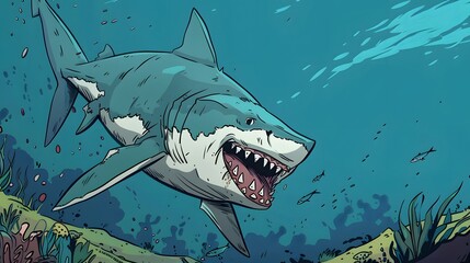 angry shark cartoon. 