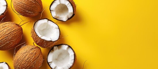 Top view of a pop art design with ripe coconuts on a yellow background, featuring a banner style with a minimal flat lay approach and copy space image.