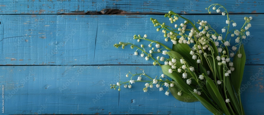 Aufkleber Bouquet of lily of the valley flowers displayed on a blue wooden table background with space for text or images. with copy space image. Place for adding text or design