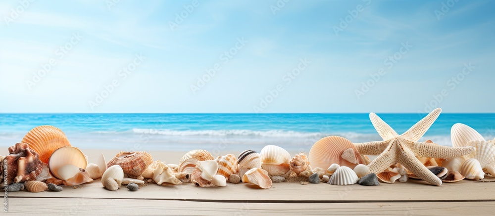 Poster A beach-themed table with sea shells and starfish for a summer concept, featuring a background with ample space for text or images.