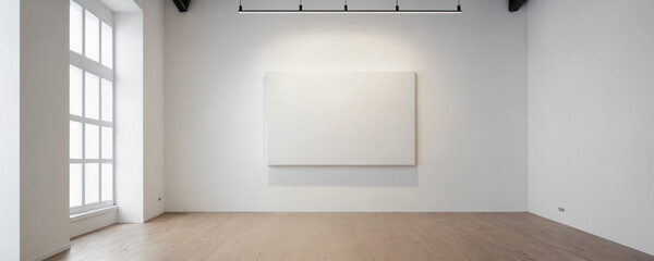 Empty white gallery room with large window and track lighting