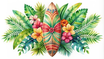 Naklejka premium Watercolor Surfboard With Tropical Leaves And Flowers