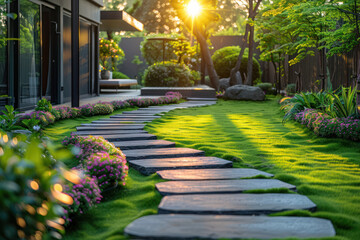 Obraz premium A winding stone pathway leads through a beautifully manicured garden, bathed in the warm glow of the setting sun
