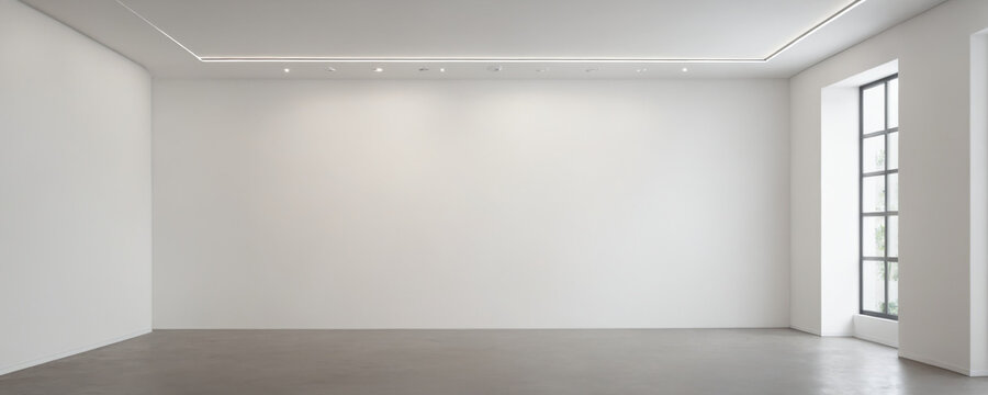 Empty white gallery room with large window and recessed lighting