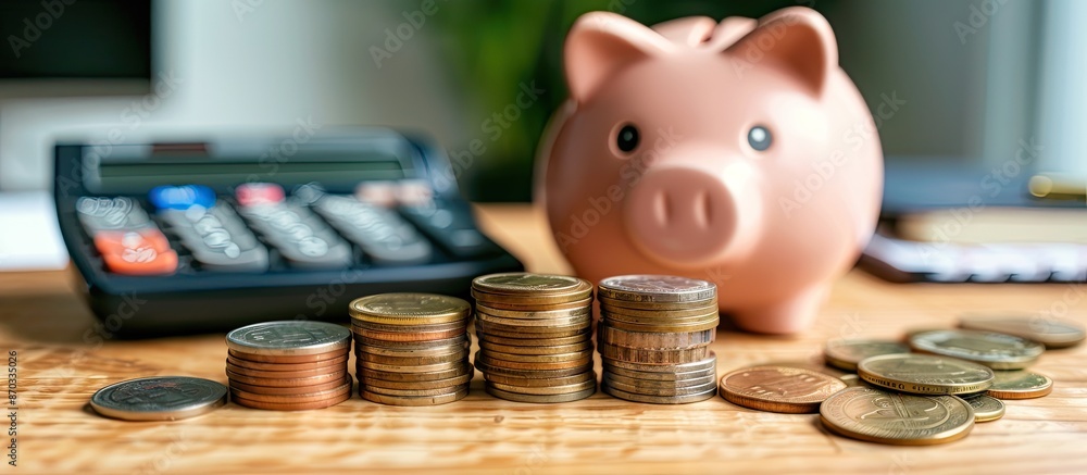 Poster a finance-themed setup on a wooden table with stacked coins, a calculator, a piggy bank, and space f