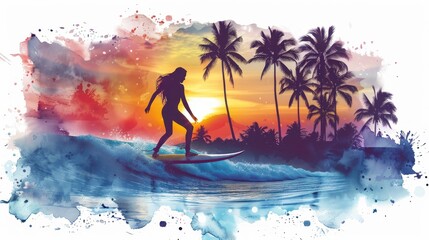 Wave-riding female surfer at scenic sunset beach view