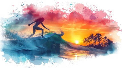 Surfer silhouetted at dusk, vibrant colorful waves