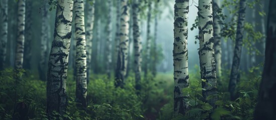 Obraz premium Dark forest setting featuring parallel birch trees with a blurred backdrop and rich vegetation, ideal for a minimalist copy space image.