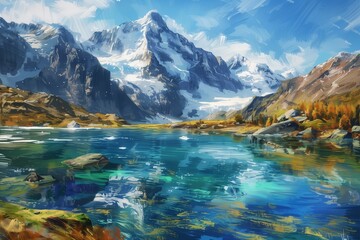 Oil painting artistic image of mountain lakes with snowy mountain in the background