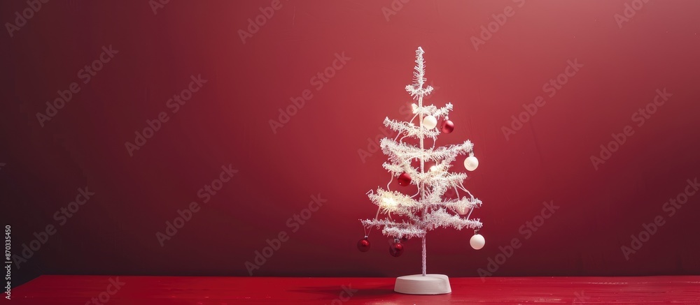Poster shot intentionally made blurry. a small white christmas tree stands on a red table. the tree is deco