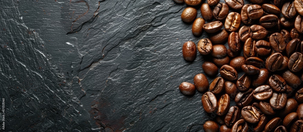 Poster coffee beans arranged on a textured black slate background with copy space image.