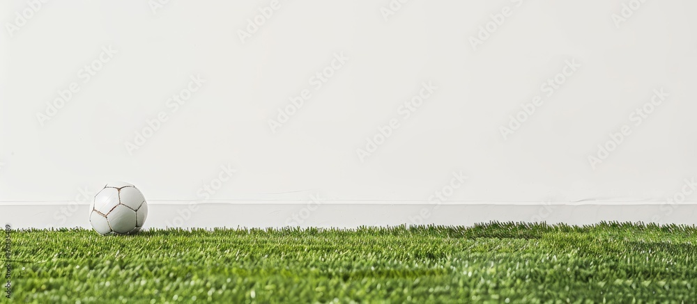 Poster copy space image with a ball resting on synthetic turf against a clean white backdrop.