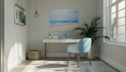 Fototapeta premium Coastal-Inspired Home Office with a Blue Desk Chair