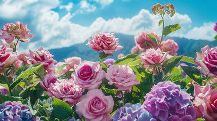 Fototapeta premium A beautiful close-up of pink roses blooming in a garden with a blue sky and white clouds in the background