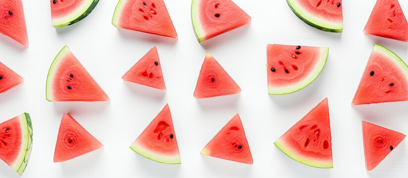 Fresh watermelon slices creatively arranged in a Scandinavian-style flat lay on a white table background, perfect for a blog or recipe book cover with copy space image. - Powered by Adobe