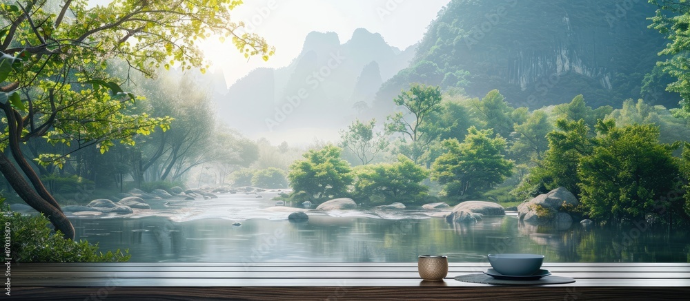 Poster Scenic garden landscape with a serene river and mountain in the background, featuring an empty dining table with copy space image.
