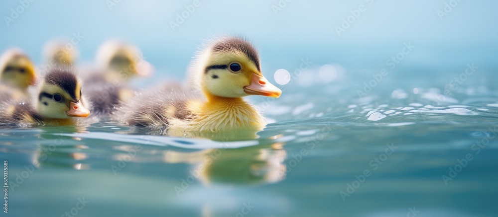 Poster small mallard duckling swimming with chickens in water with copy space image available.