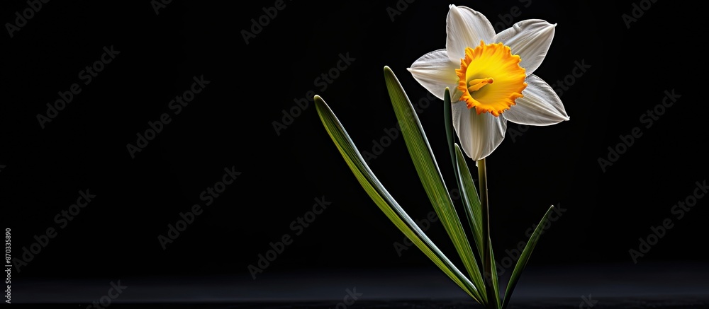 Poster a solitary daffodil bloom against a dark backdrop, with ample copy space image.