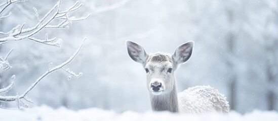 Close-up of a white deer in a winter day setting with copy space image.