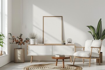 Minimalist Living Room with Wooden Accent Chair and  Large Artwork Mockup