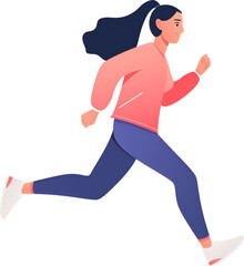 Woman running in pink sweatshirt and blue pants isolated on transparent background.
