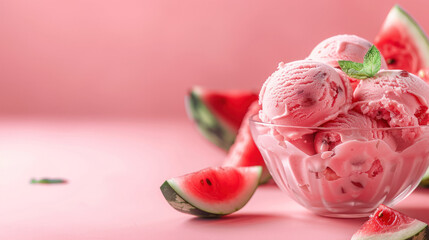 A close-up shot of a glass bowl filled with pink watermelon ice cream and garnished with a mint leaf, surrounded by slices of watermelon on a pink background