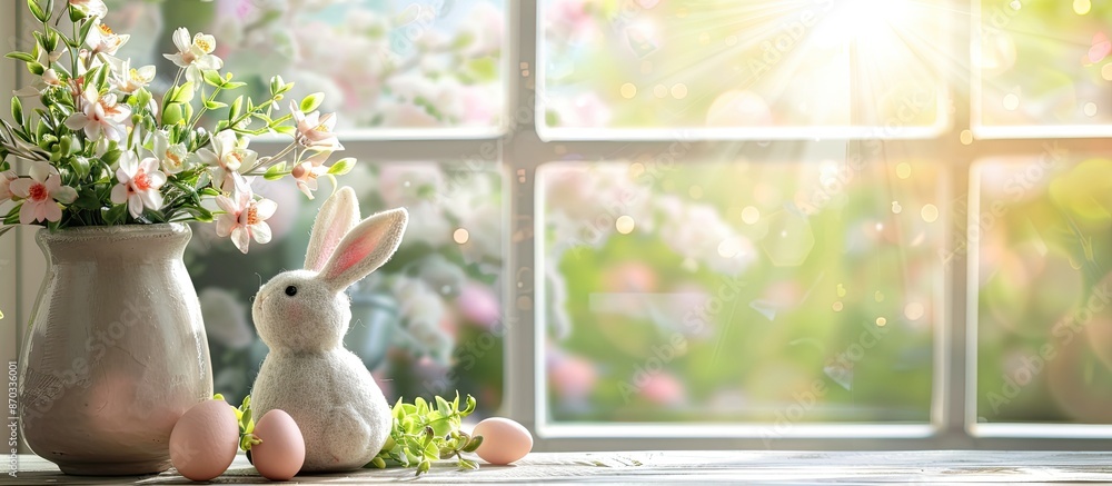 Aufkleber a desk with abundant free space, perfect for an easter-themed arrangement, set against a blurred win