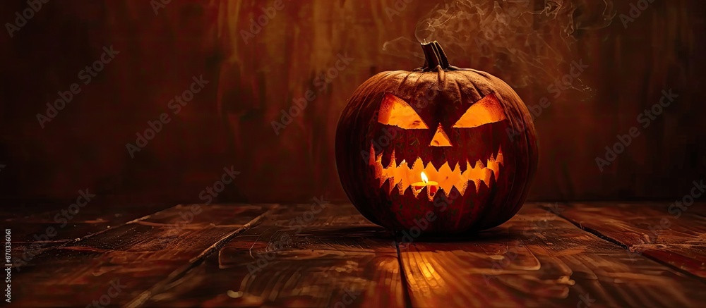 Poster a scary pumpkin lantern with evil grin for halloween. copy space image. place for adding text or des