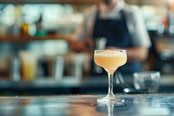 Close up of a beige cocktail in a coupe glass on the counter, with a bartender blurred behind it while cleaning glasses and pans. The focus is directly on the drink against a bar background. The photo