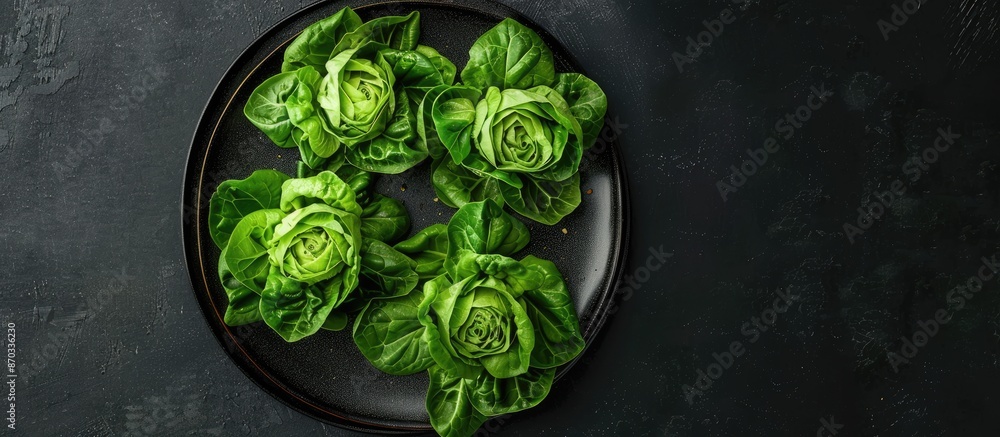Poster Different types of lettuce slices displayed on a square plate against a black background with a spacious area for additional imagery.