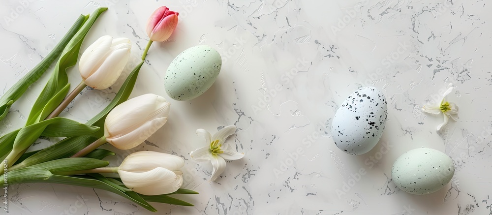 Poster Easter-themed flat lay with a chic egg and tulip arrangement on a rustic white surface, featuring a copy space image. Includes a natural green egg and spring flower setup for a greeting card.