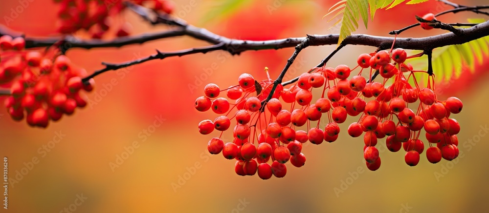 Aufkleber red autumn leaves on black-fruited mountain ash branches against a blurred natural backdrop with cop