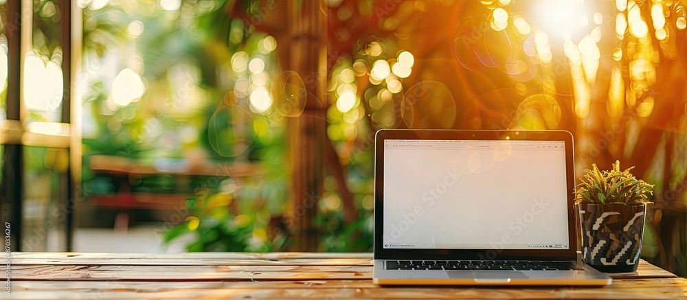 Poster wooden table with a laptop showing a blank screen, set against a blurred backdrop of a modern house 