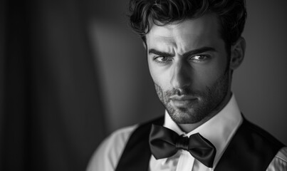 Sharp black and white portrait bathes a man in classic charm