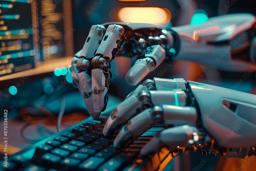 Poster cyborg typing on futuristic computer keyboard and screen