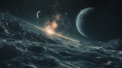 a space scene with a distant planet and stars in the sky, and a distant star in the distance