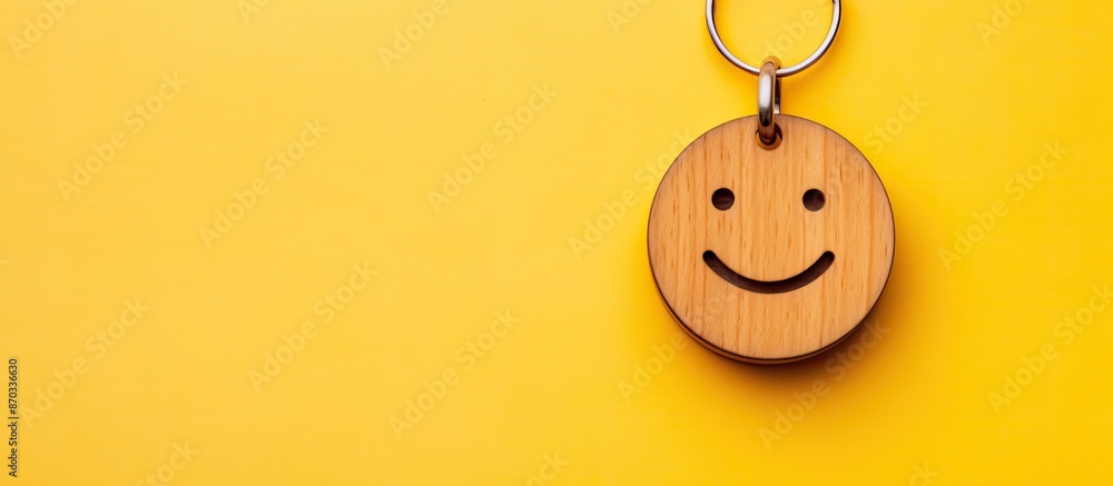 Poster Top view of a wooden keychain shaped like a smiley face on a yellow background with empty space for text. with copy space image. Place for adding text or design