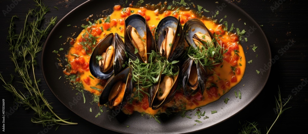 Poster plate of seafood mussels in wine sauce and thyme on dark background, viewed from the top, with room 