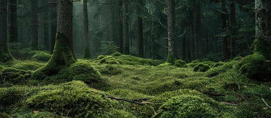 Fototapeta premium European forest displaying moss-covered ground with branches, perfect for a copy space image.